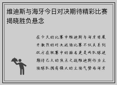 维迪斯与海牙今日对决期待精彩比赛揭晓胜负悬念