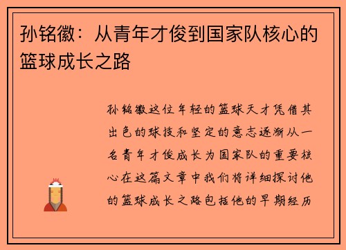 孙铭徽：从青年才俊到国家队核心的篮球成长之路