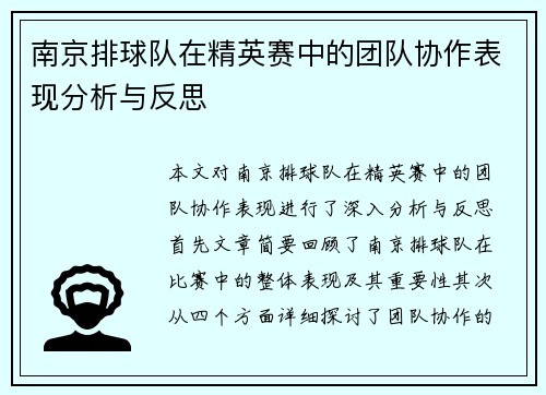 南京排球队在精英赛中的团队协作表现分析与反思